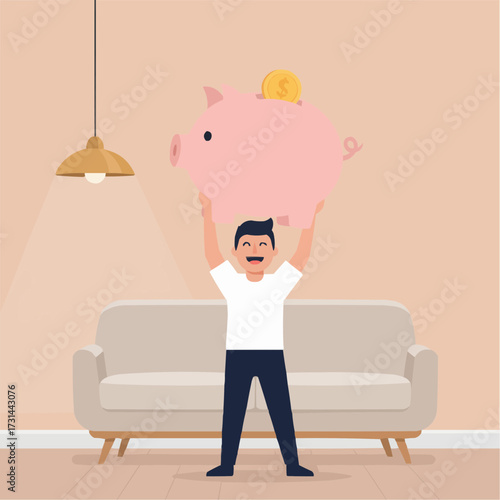 Modern flat vector illustration of a stylized character happily holding a giant piggy bank above their head
