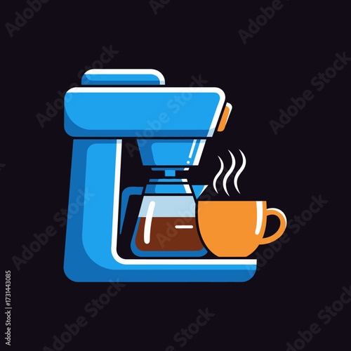 Illustration of a blue coffee maker with a glass carafe and a steaming cup of coffee.