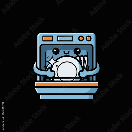 Cartoon dishwasher character holding a clean plate with a happy expression, blue and orange.