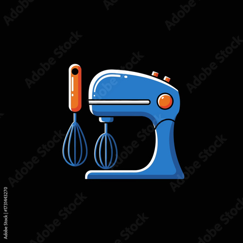 A blue electric hand mixer with two beaters, one attached and one beside it, on a black background.