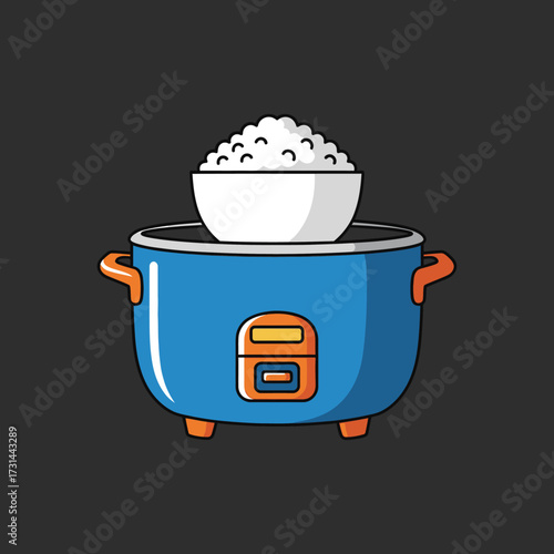 A cartoon illustration of a blue electric rice cooker with a white bowl of fluffy cooked rice on top, ready to be served.