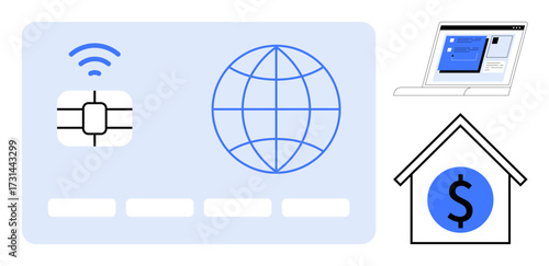 Payment card with chip, globe icon for global access, laptop screen with interface, house with dollar sign. Ideal for finance, banking, digital economy, online payments, global transactions