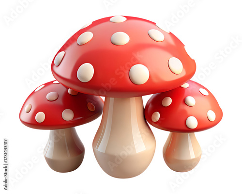 3d icon of three cartoon red mushrooms with white spots isolated on transparent background