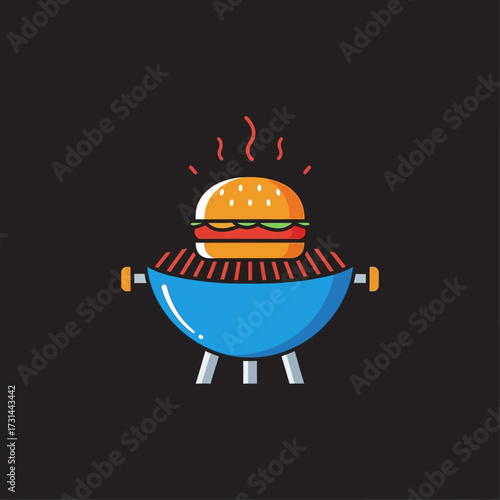 A colorful illustration of a burger sitting on top of a blue barbecue grill.