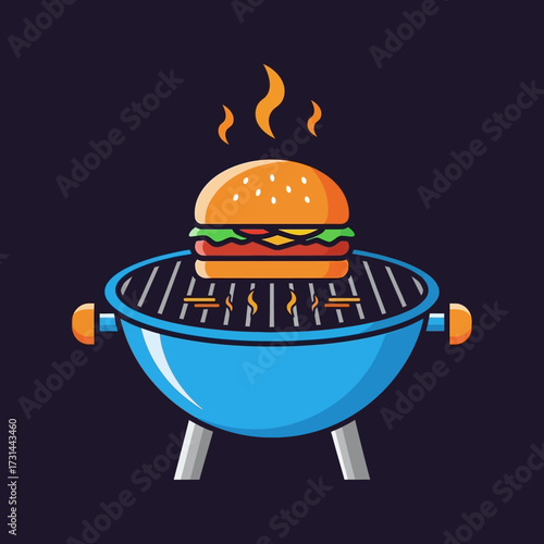 A delicious-looking hamburger is being grilled on a blue barbecue grill with flames rising from the patty.