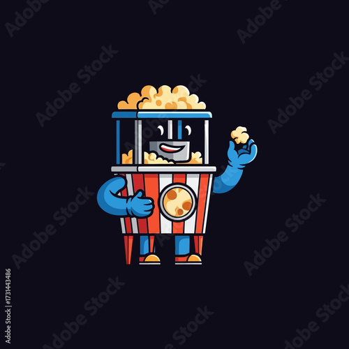 Cartoon popcorn machine character with arms and legs holding popcorn.