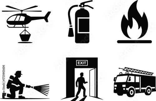 Black and white vector illustration of firefighting elements and emergency situations icons set isolated silhouette