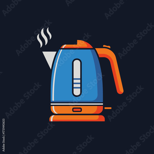 Illustration of a blue and orange electric kettle with steam.
