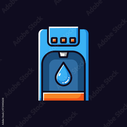A stylized illustration of a blue water dispenser with an orange base and a large blue water drop.