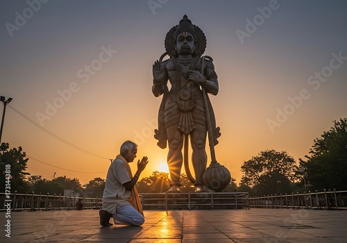 Praying man before large statue sunrise