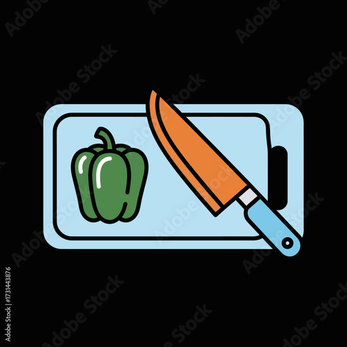 A green bell pepper and a knife are on a light blue cutting board, ready for food preparation.