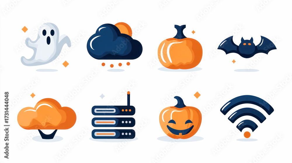 Fototapeta premium Halloween-themed flat illustration featuring ghost, pumpkin, bat, and cloud icons with vibrant colors and playful design elements for festive use