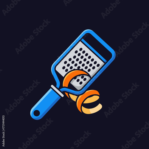 A blue grater with a piece of orange zest being grated off of it, against a dark background.