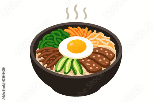 Colorful Bibimbap Bowl with Steaming Vapor and SunnySideUp Egg