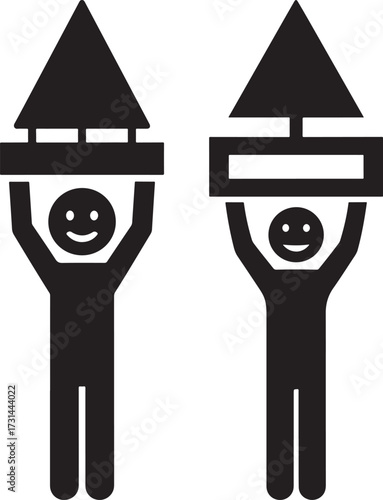 Two stick figures holding up signs silhouette