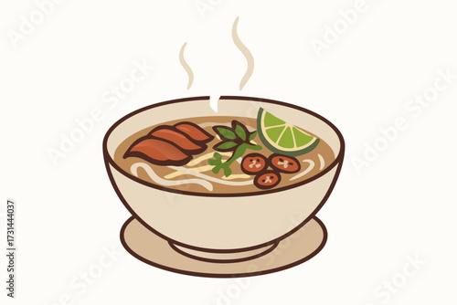 Delicious Bowl of Pho with Fresh Ingredients and Steam Rising