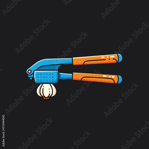 A blue and orange garlic press is shown crushing a bulb of garlic against a black background.