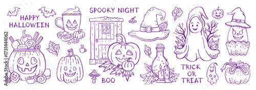Halloween doodle vector icon. Crayon sketch ghost, pumpkin, witch hat. Cute kid Halloween illustration. Spooky horror silhouette set. Chalk pencil sticker bg. Vintage crayon drawing pattern