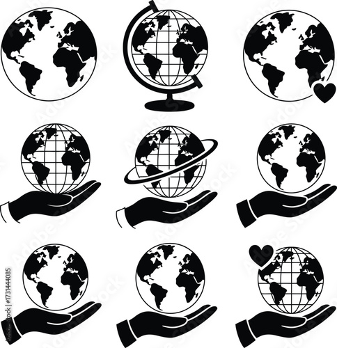 Collection of globe illustrations with hands and hearts in black and white graphics design silhouette