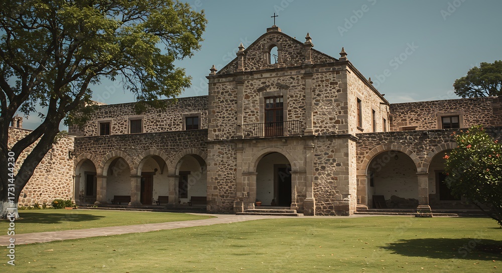 Fototapeta premium Historic stone building with arches and green lawn under sunny skies
