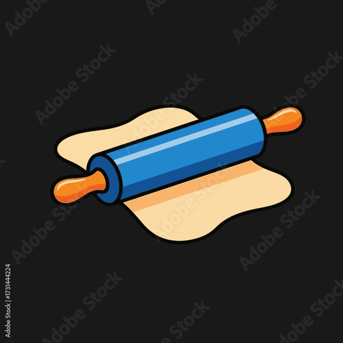 Illustration of a blue rolling pin on dough, with orange handles.