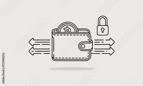 Secure Digital Wallet with Bitcoin Arrows and Padlock Icon Illustration