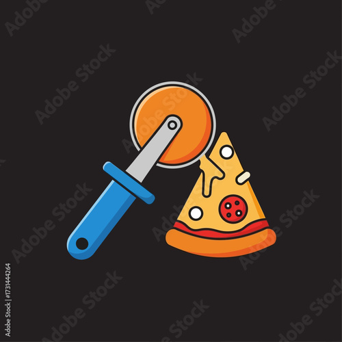 Cartoon illustration of a pizza cutter slicing a cheesy pepperoni pizza slice on a dark background.