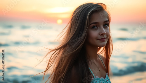 Woman with long hair is standing on the beach
