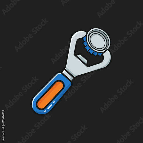 Cartoon illustration of a bottle opener with a blue cap, featuring a blue and orange handle on a dark background.