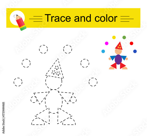 Trace and color for kids. Preschool worksheet for practicing fine motor skills. Cartoon juggler.