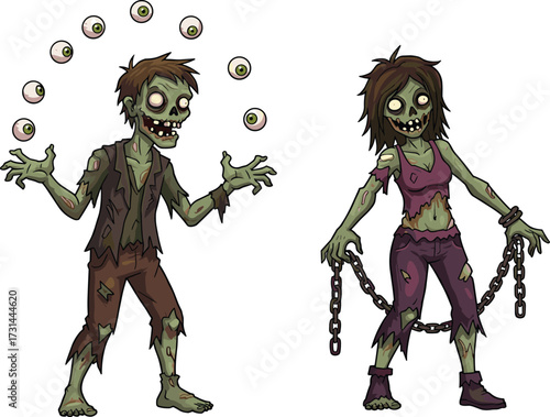 Cartoon zombie characters, funny undead illustration, juggling eyeballs, broken chains, creepy horror art, spooky Halloween design, scary monster drawing, fantasy artwork