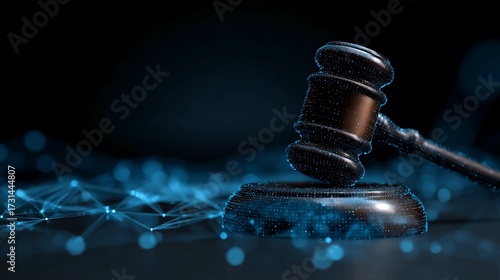 Symbolizing justice and legal proceedings, a gavel rests on a sound block amidst a glowing digital network, representing law and order in the modern technological era.