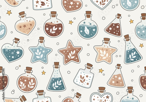 A charming pattern of whimsical potion bottles, in soft blue and brown hues, holds magical elixirs filled with tiny stars and botanical sprigs. Vector Patterns.