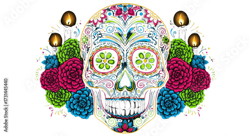 Vibrant Day of the Dead sugar skull with intricate floral patterns, colorful flowers, and glowing candles. Traditional Mexican art.