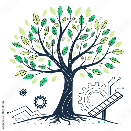 Green energy concept with tree, solar panel, gear and circuit