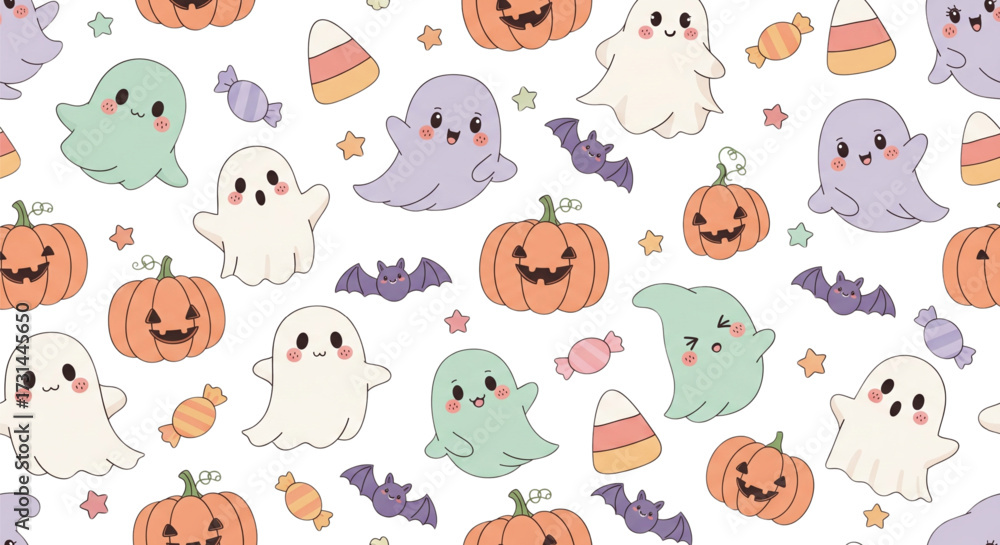 Fototapeta premium Spooky Cute Kids Pastel Halloween Seamless Pattern with Kawaii Ghosts, Pumpkins, Bats, Candy Corn Background
