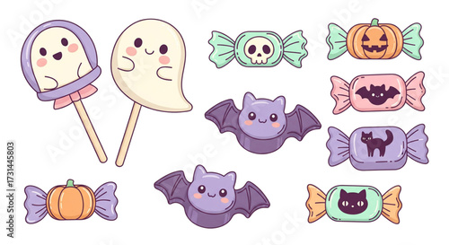 Cute Kawaii Pastel Halloween Candy Treats Ghost Lollipops Flying Bats Pumpkins Skulls Cats Wrapped Sweets Vector Illustration
