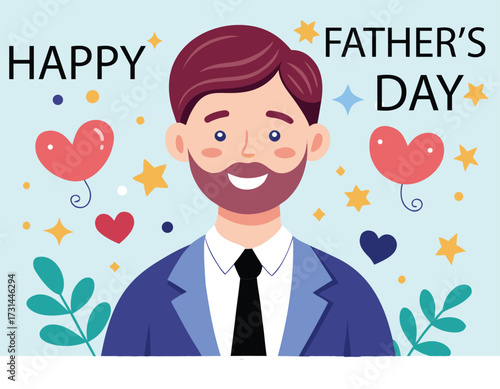 Happy father s day card with cartoon dad and hearts