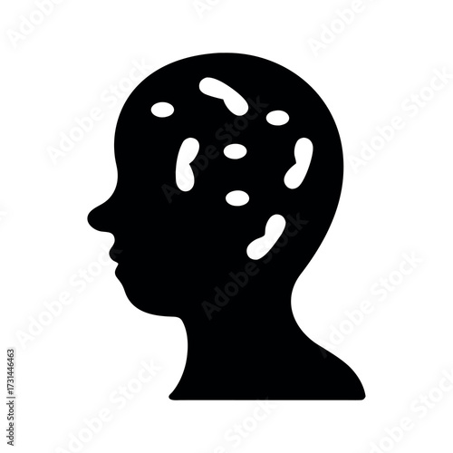 Silhouette of a human head with abstract white shapes representing thoughts or ideas inside