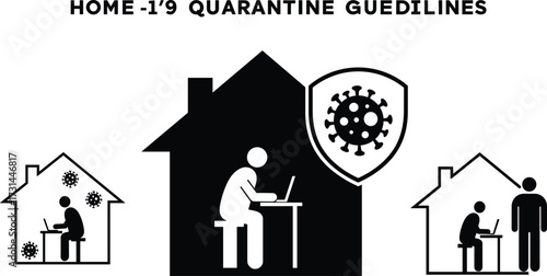 Home quarantine, COVID-19, isolation, virus protection, health guidelines, pandemic, remote work, safety measures, graphic design, shield, virus icon, stay home