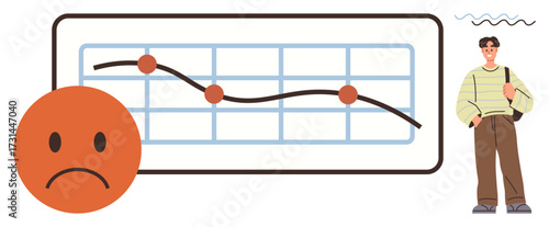 Downward-curving line graph with data points, large sad face emoticon, and concerned individual. Ideal for business loss, failure, recession, stress, disappointment, mental health simple flat