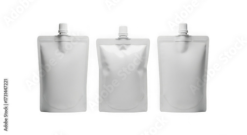 Three blank white stand up pouches with spout packaging mockup for product presentation isolated on transparent background