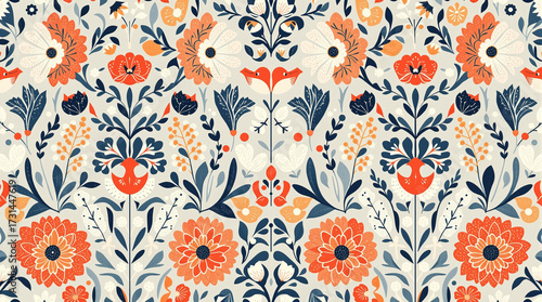 Floral Pattern, Seamless Folk Art Design, Orange and Blue