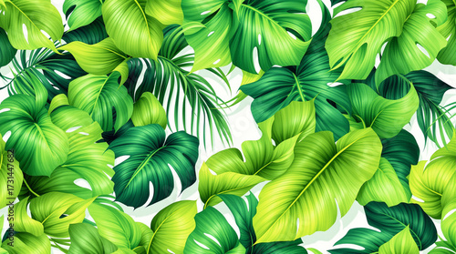 Tropical Leaves Pattern Green Monstera, Palm, Jungle Foliage Background