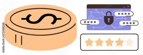 Coin with dollar sign, secure password access with lock and rating stars. Ideal for e-commerce, digital security, online payments, customer feedback, financial tech, cybersecurity, simple flat