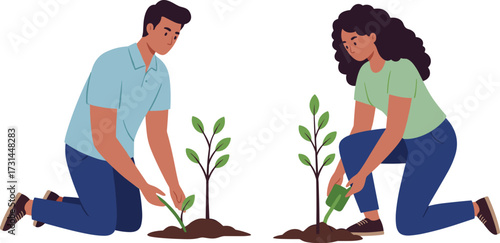 tree planting, environmental action, sapling care, teamwork, sustainability, green initiative, soil, trowel, watering