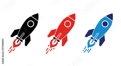 Minimal flat rocket icons with bold geometric fire trails, solid colors, sharp edges, high quality.
