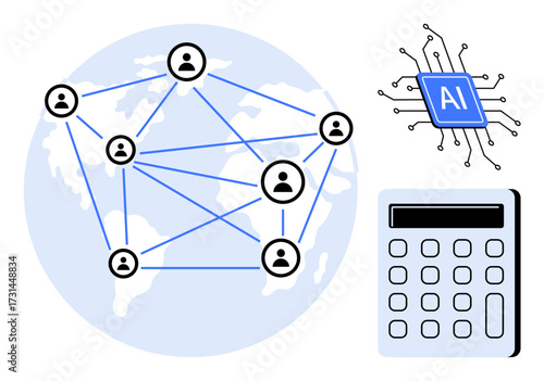World map with connected people icons, AI chip, and calculator highlighting digital networking, automation, teamwork, and technology. Ideal for globalization, AI, teamwork innovation education