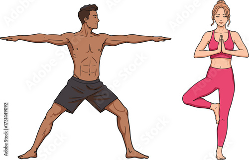 Yoga practice, Warrior II pose, Tree pose, fitness, balance, male and female, mindfulness, meditation, flexibility, healthy lifestyle, exercise, calm, strength, athletic, serene, posture