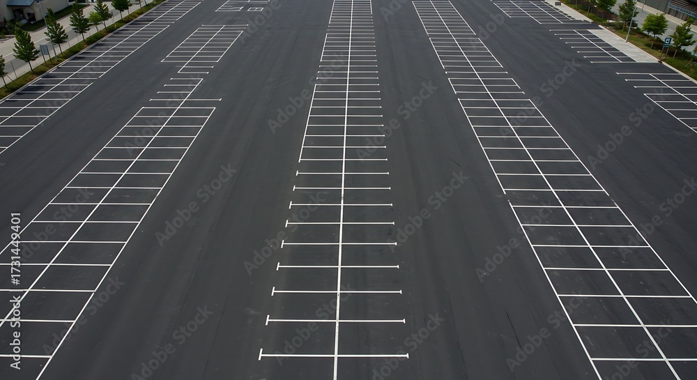 Fototapeta premium Empty parking lot with white lines from aerial perspective